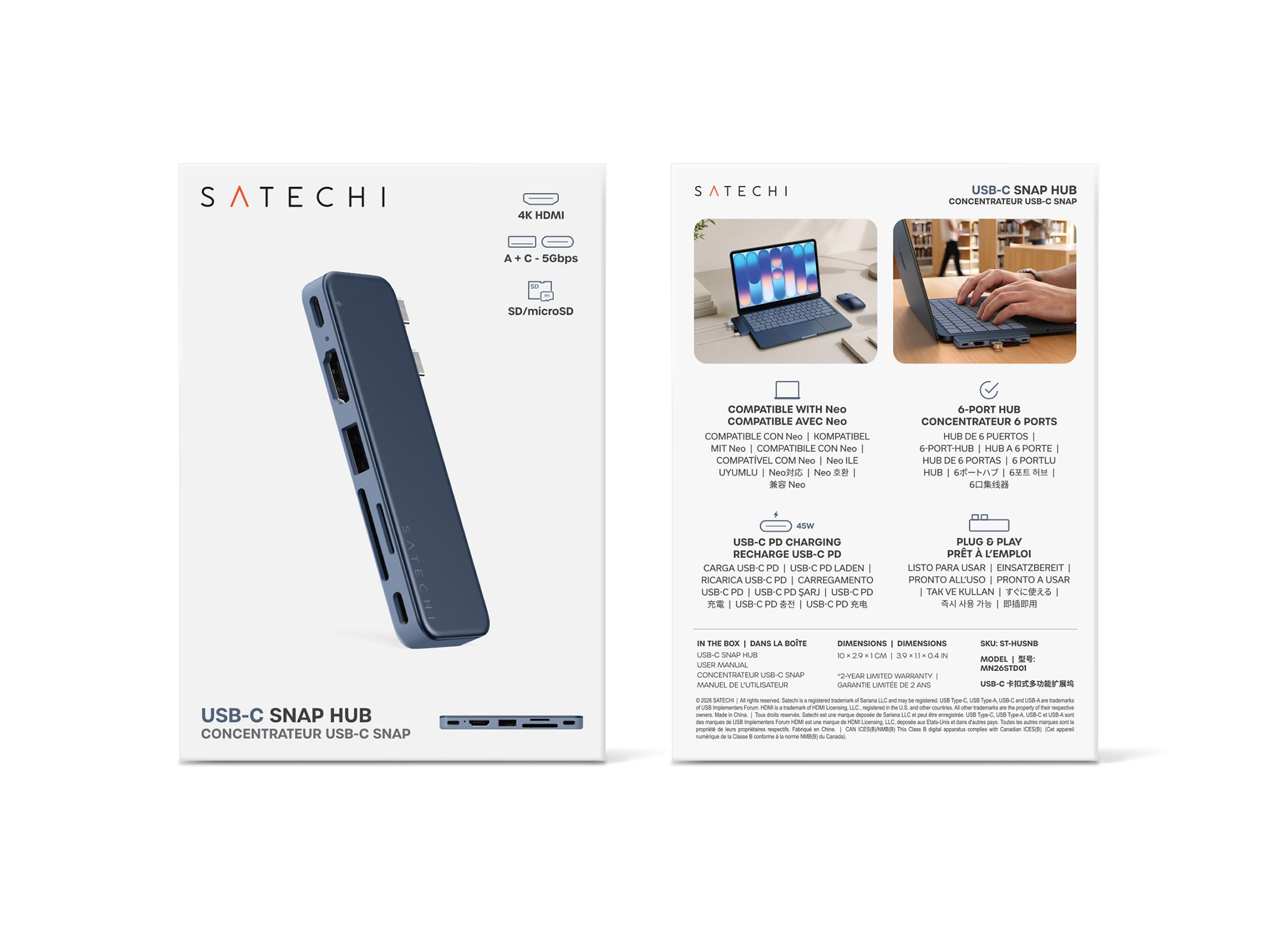 Satechi USB-C Snap Hub, 6-in-1 USB-C Hub for MacBook Neo, MacBook Air & Pro, 4K HDMI, 45W PD Charging, USB-A & USB-C 5Gbps, SD & MicroSD Card Readers, Aluminum, Compact Design, Indigo