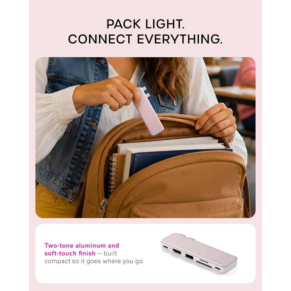 Satechi USB-C Snap Hub, 6-in-1 USB-C Hub for MacBook Neo, MacBook Air & Pro, 4K HDMI, 45W PD Charging, USB-A & USB-C 5Gbps, SD & MicroSD Card Readers, Aluminum, Compact Design, Blush