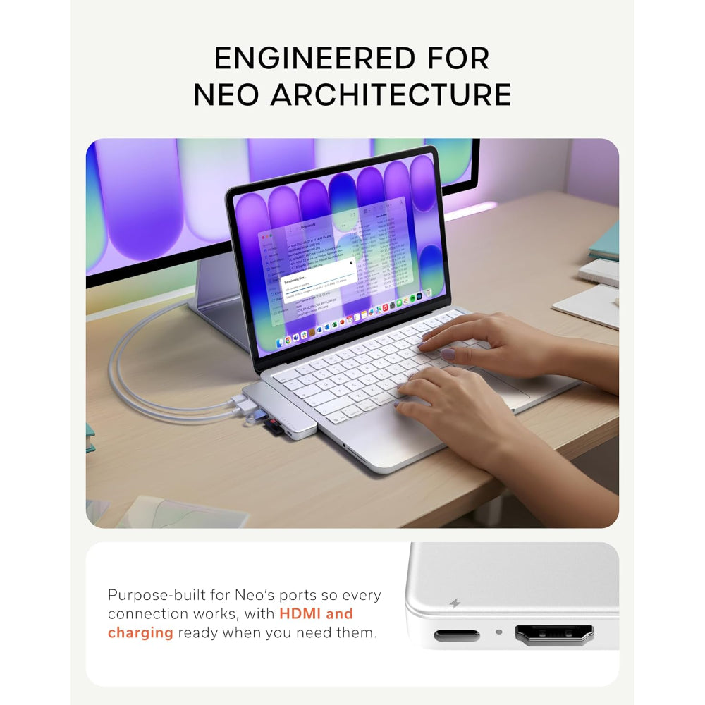 Satechi USB-C Snap Hub, 6-in-1 USB-C Hub for MacBook Neo, MacBook Air & Pro, 4K HDMI, 45W PD Charging, USB-A & USB-C 5Gbps, SD & MicroSD Card Readers, Aluminum, Compact Design, Silver
