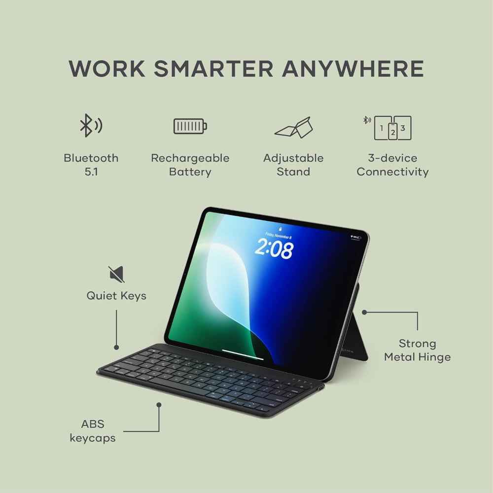 Satechi OntheGo Bluetooth Keyboard with Adjustable Stand, Connect up 3 Devices, USB C Rechargeable Battery, Compact and Portable Keyboard for iPad, Tablet – English - Black