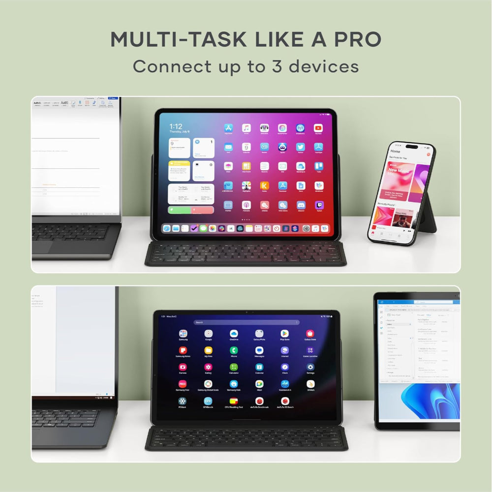 Satechi OntheGo Bluetooth Keyboard with Adjustable Stand, Connect up 3 Devices, USB C Rechargeable Battery, Compact and Portable Keyboard for iPad, Tablet – English - Black