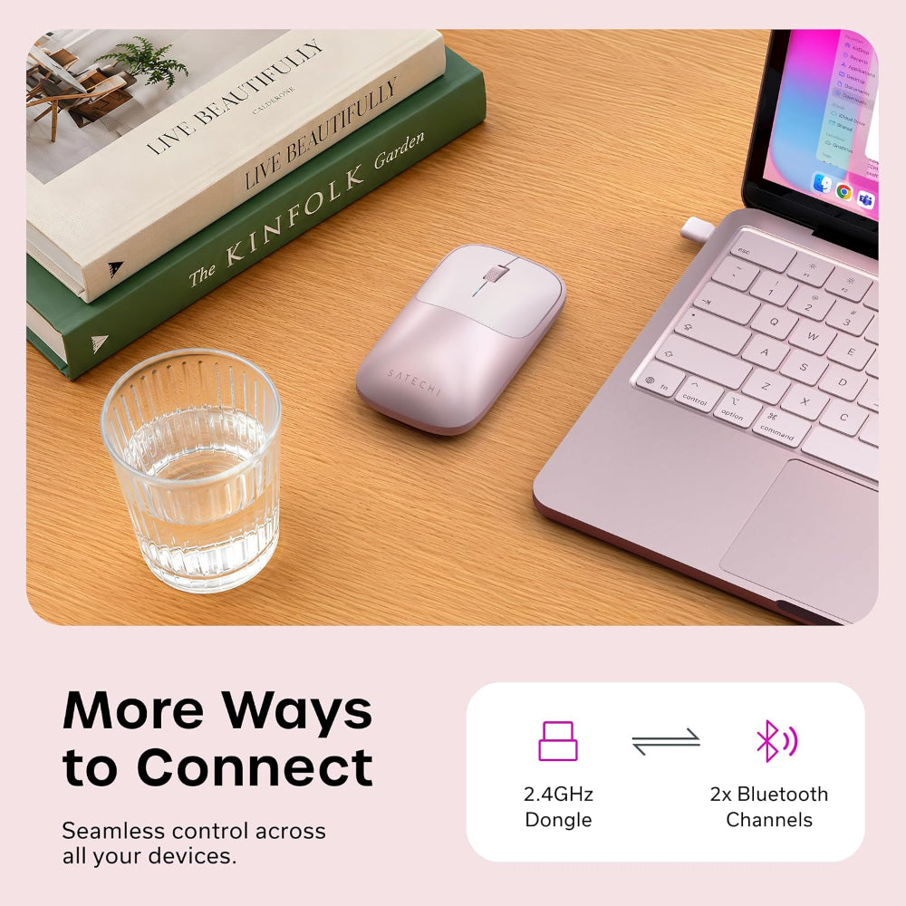 Satechi Slim EX Wireless Mouse, Bluetooth 5.3 & 2.4GHz USB-C Wireless Mouse, Quiet Clicks, Precision Scroll Wheel, USB-C Rechargeable, Aluminum, Compatible with Mac, Windows, iPad & iPhone, Blush