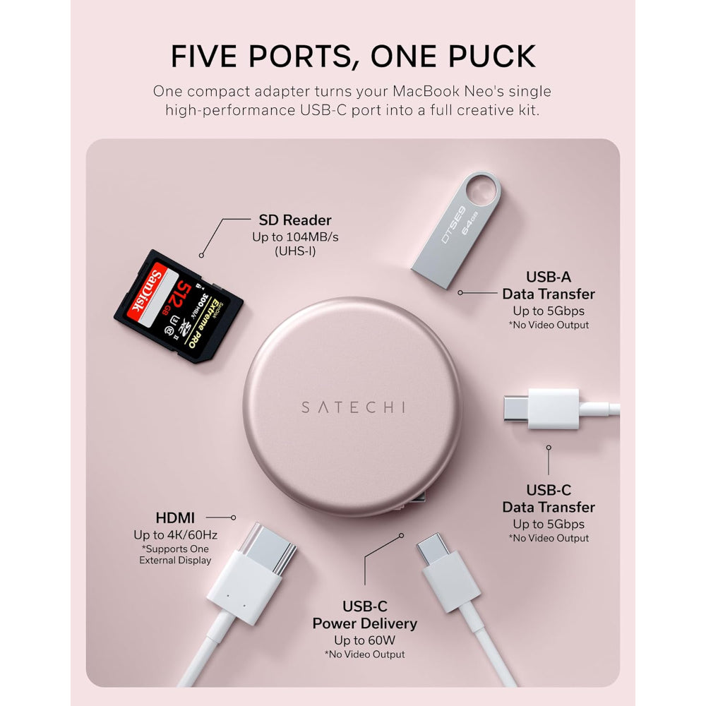 Satechi OntheGo 5-in-1 Multiport Adapter, USB-C Hub for MacBook Neo, MacBook Air & Pro, 4K HDMI, 60W PD Charging, 5Gbps USB-C & USB-A, UHS-I SD Card Reader, Magnetic Mount, Blush