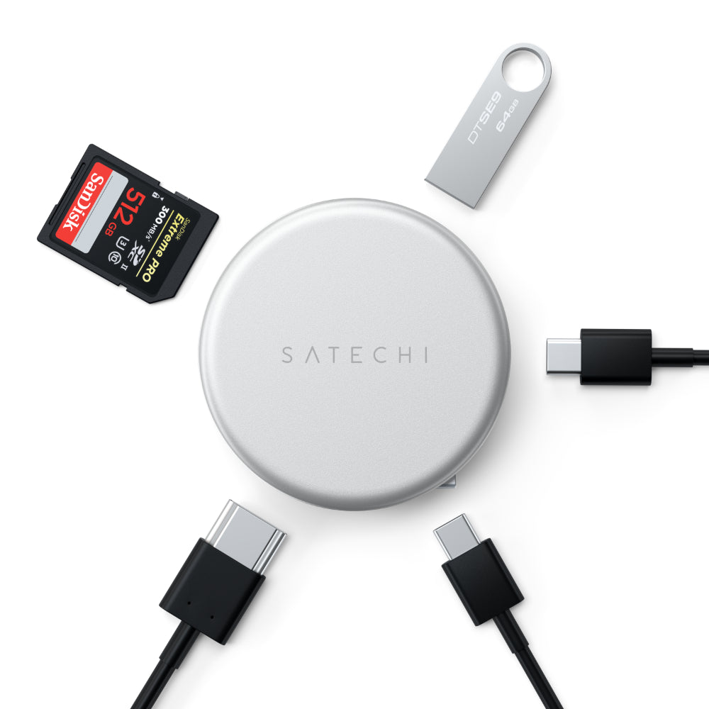 Satechi OntheGo 5-in-1 Multiport Adapter, USB-C Hub for MacBook Neo, MacBook Air & Pro, 4K HDMI, 60W PD Charging, 5Gbps USB-C & USB-A, UHS-I SD Card Reader, Magnetic Mount, Silver