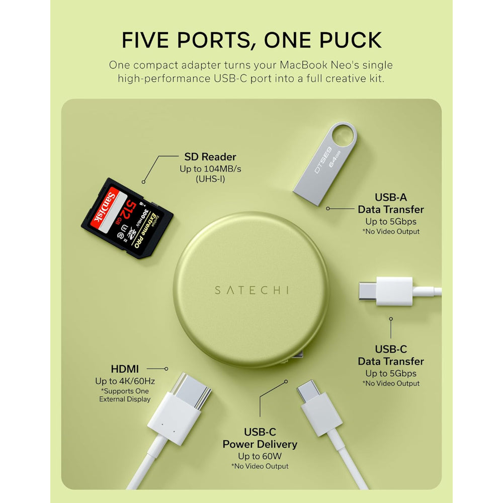 Satechi OntheGo 5-in-1 Multiport Adapter, USB-C Hub for MacBook Neo, MacBook Air & Pro, 4K HDMI, 60W PD Charging, 5Gbps USB-C & USB-A, UHS-I SD Card Reader, Magnetic Mount, Citrus