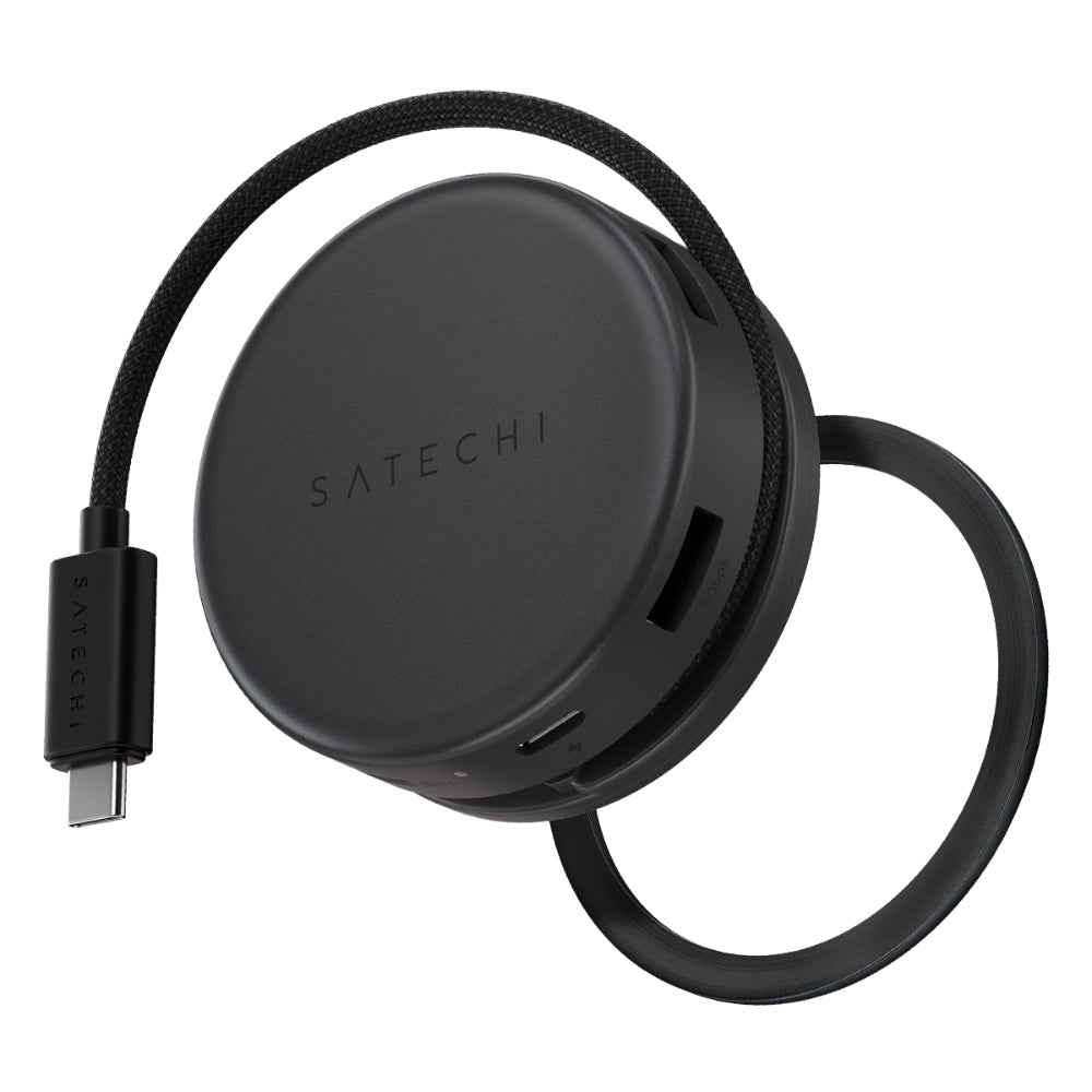 Satechi OntheGo™ 7-in-1 USB-C Hub, Compact Magnetic Multiport Adapter, 100W PD, HDMI 4K/60Hz, Gigabit Ethernet, 2×USB-A 5Gbps, SD/microSD Reader, Coiled Cable, for Mac & Windows – Space Black