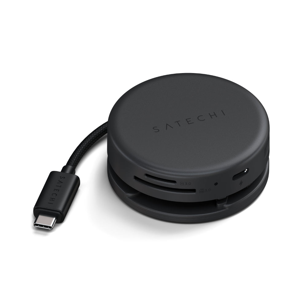 Satechi OntheGo™ 7-in-1 USB-C Hub, Compact Magnetic Multiport Adapter, 100W PD, HDMI 4K/60Hz, Gigabit Ethernet, 2×USB-A 5Gbps, SD/microSD Reader, Coiled Cable, for Mac & Windows – Space Black