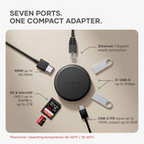 Satechi OntheGo™ 7-in-1 USB-C Hub, Compact Magnetic Multiport Adapter, 100W PD, HDMI 4K/60Hz, Gigabit Ethernet, 2×USB-A 5Gbps, SD/microSD Reader, Coiled Cable, for Mac & Windows – Space Black