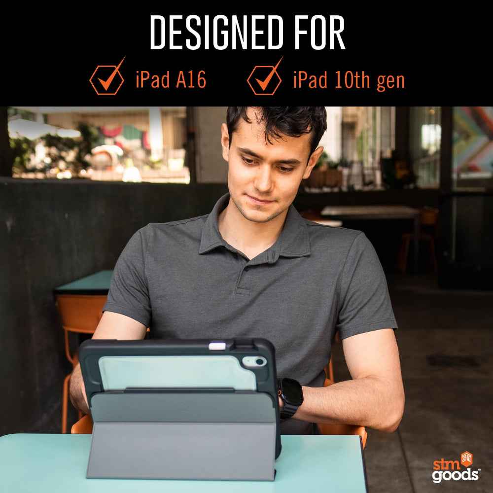 STM Dux Ultra Rugged Case for iPad A16 (2025)/10th Gen| Drop/Scratch Protection Folio, Transparent Back, Water-Resistant, Auto Sleep/Wake, Apple Pencil Storage, for Students & Professionals – Black