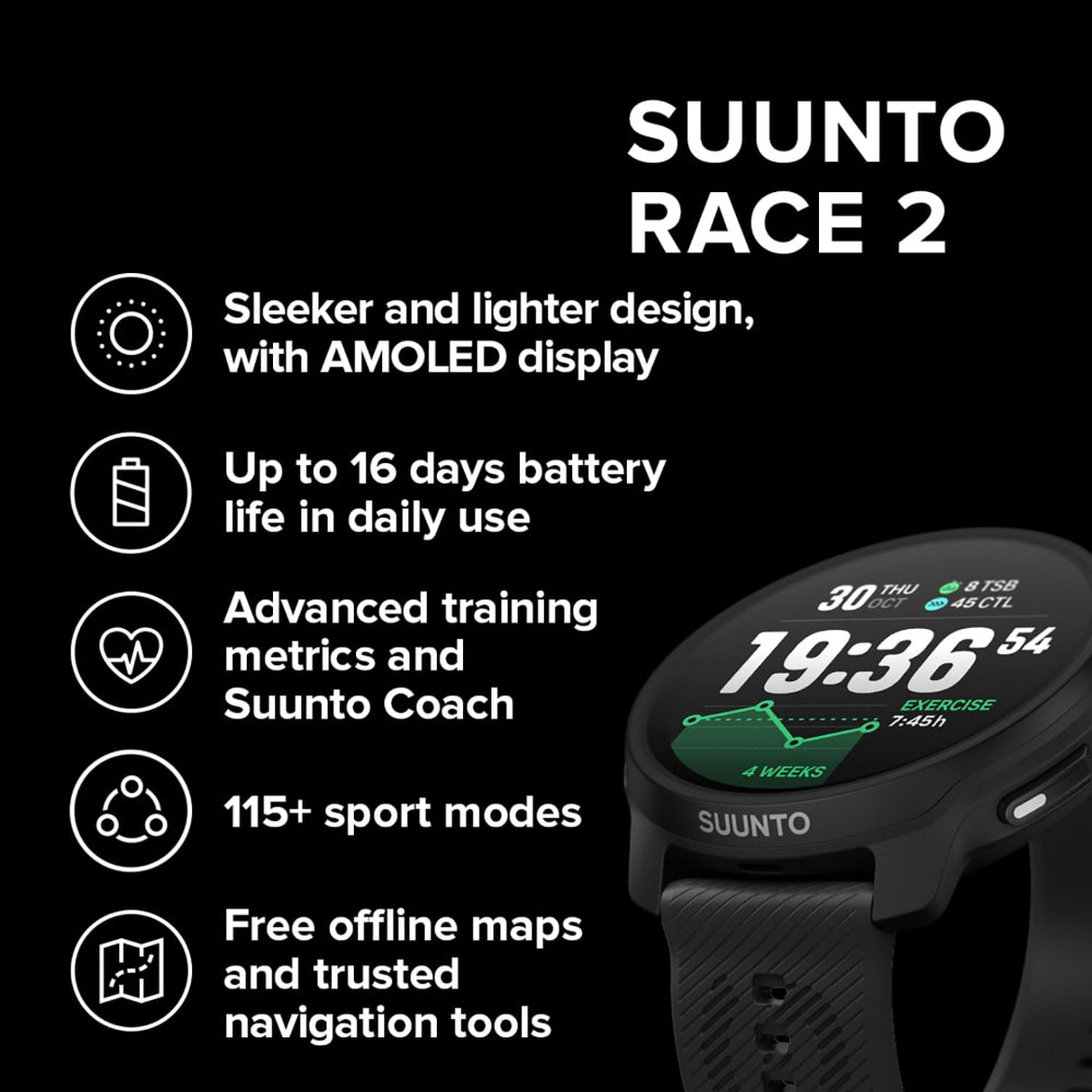Suunto Race 2 GPS Sports Watch| 49mm Size AMOLED Display, Offline Maps, 115+ Sport Modes, 55-Hour Performance Mode Battery, Titanium Grade 5 Bezel, Black0