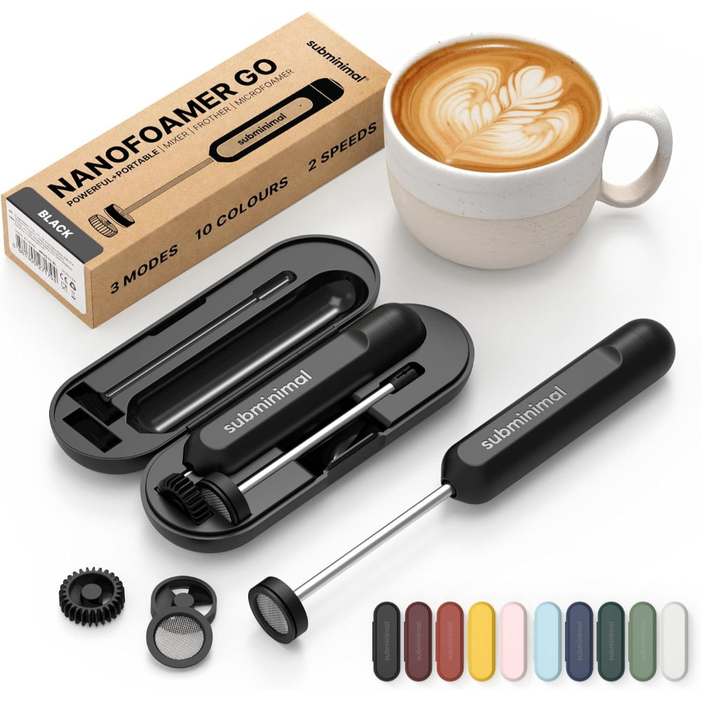 Subminimal NanoFoamer GO Portable Milk Frother, Handheld Microfoam Maker for Lattes, Cappuccinos and Flat Whites, Compact Travel Design with Carrying Case, 3 Interchangeable Impellers