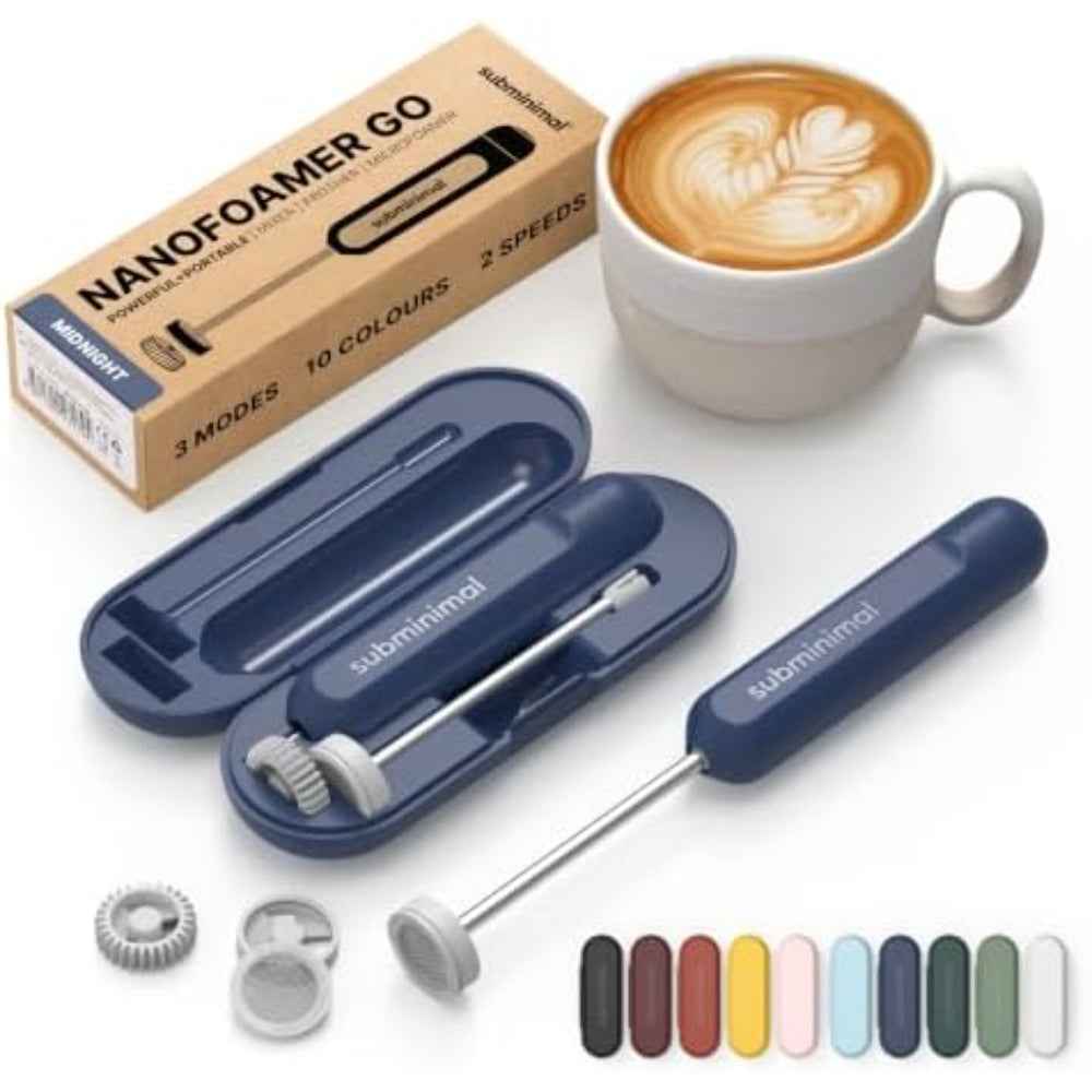 Subminimal NanoFoamer GO Portable Milk Frother, Handheld Microfoam Maker for Lattes, Cappuccinos and Flat Whites, Compact Travel Design with Carrying Case, 3 Interchangeable Impellers