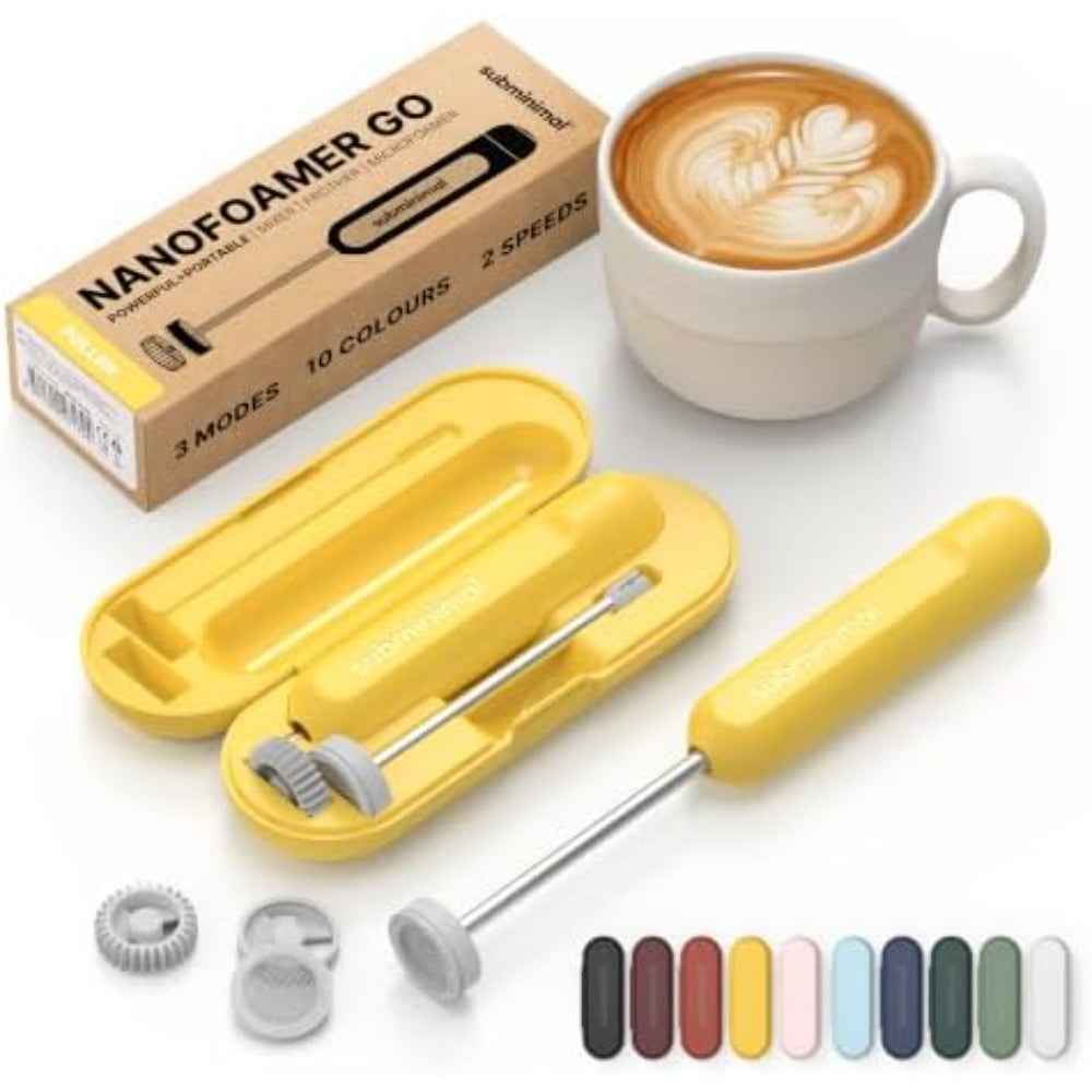 Subminimal NanoFoamer GO Portable Milk Frother, Handheld Microfoam Maker for Lattes, Cappuccinos and Flat Whites, Compact Travel Design with Carrying Case, 3 Interchangeable Impellers