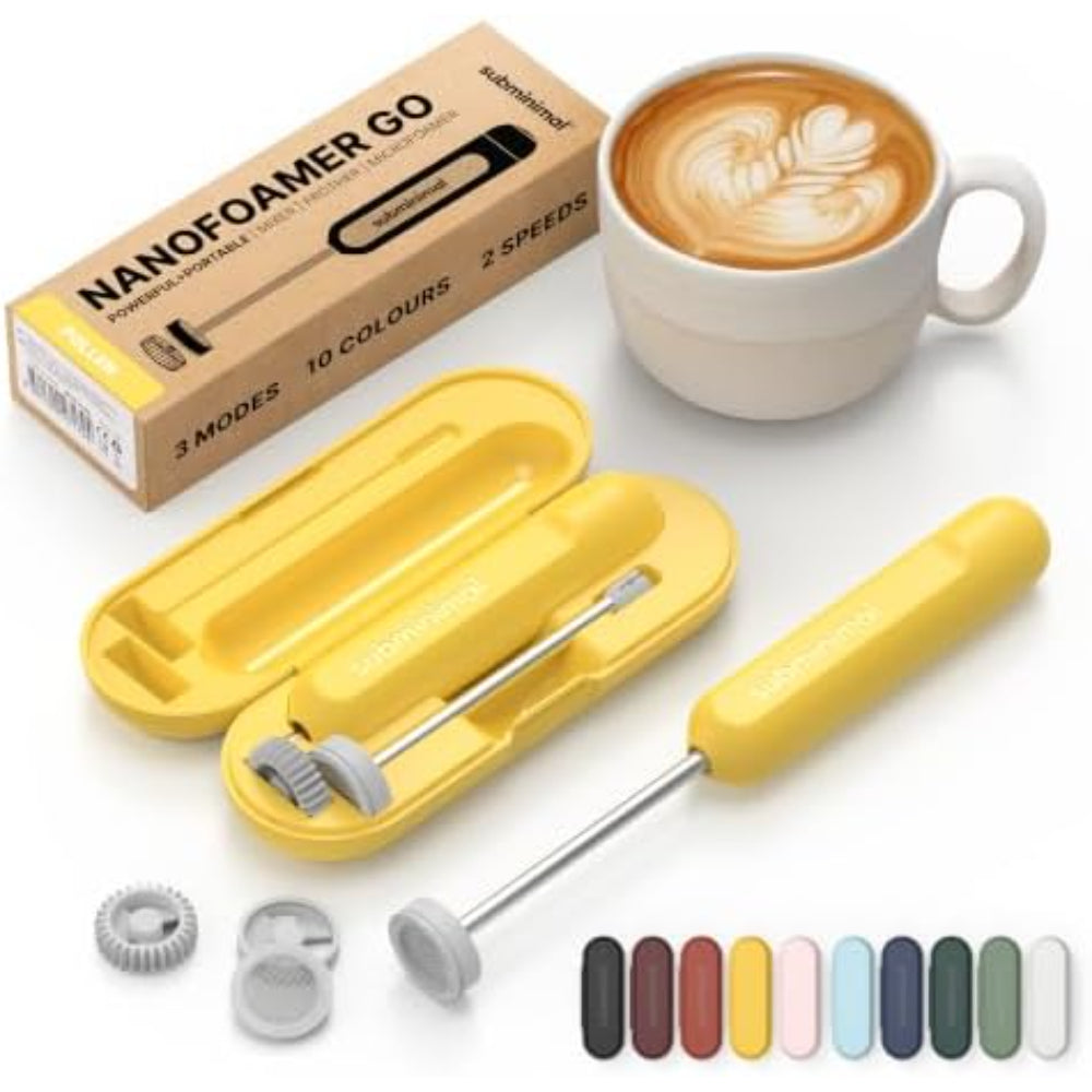 Subminimal NanoFoamer GO Portable Milk Frother, Handheld Microfoam Maker for Lattes, Cappuccinos and Flat Whites, Compact Travel Design with Carrying Case, 3 Interchangeable Impellers