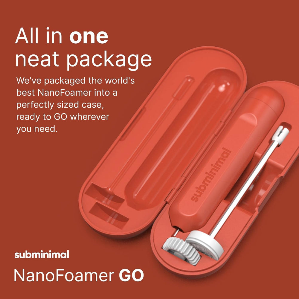 Subminimal NanoFoamer GO Portable Milk Frother, Handheld Microfoam Maker for Lattes, Cappuccinos and Flat Whites, Compact Travel Design with Carrying Case, 3 Interchangeable Impellers