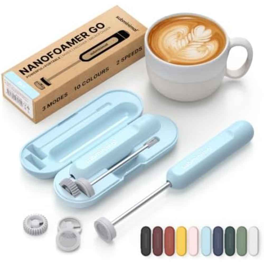 Subminimal NanoFoamer GO Portable Milk Frother, Handheld Microfoam Maker for Lattes, Cappuccinos and Flat Whites, Compact Travel Design with Carrying Case, 3 Interchangeable Impellers