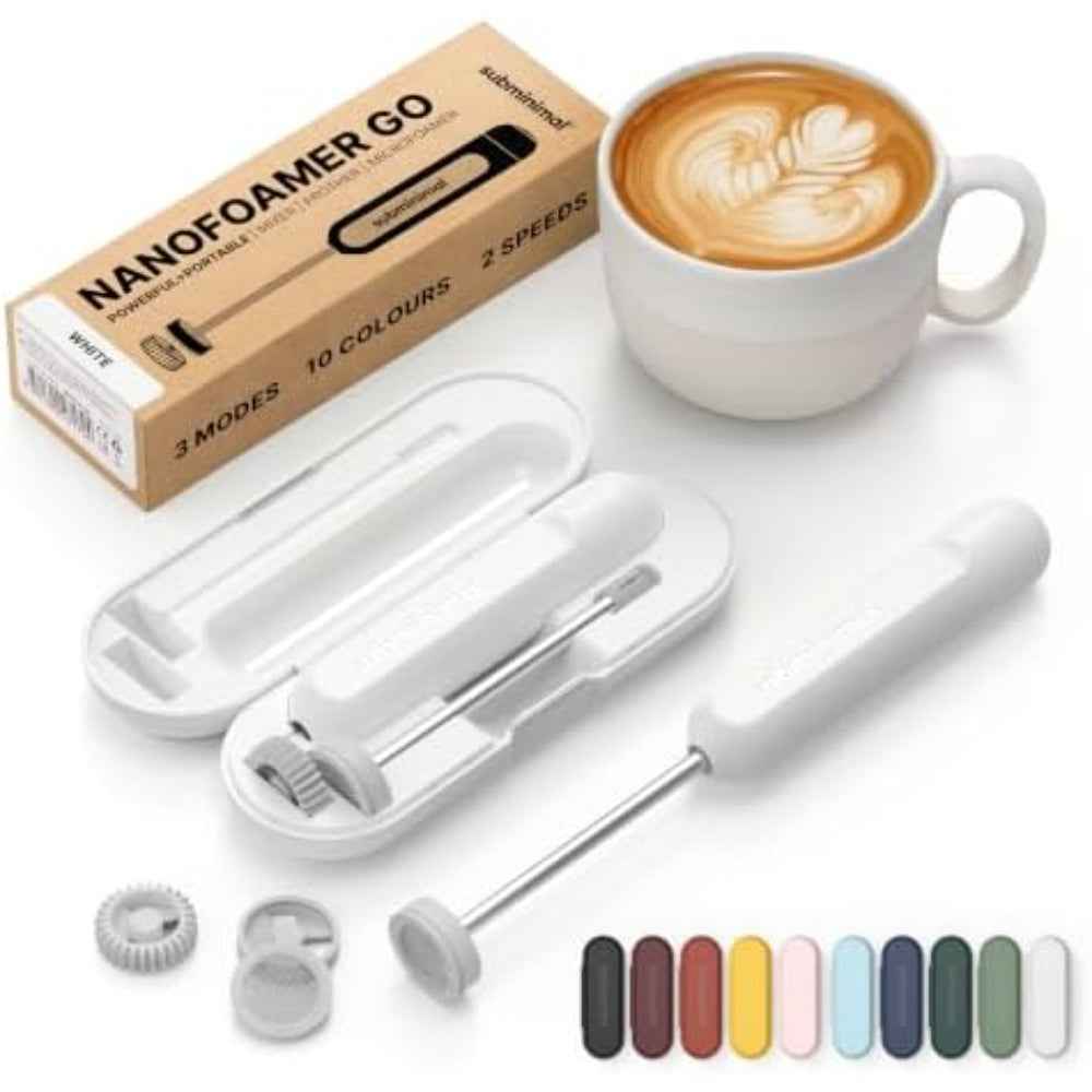 Subminimal NanoFoamer GO Portable Milk Frother, Handheld Microfoam Maker for Lattes, Cappuccinos and Flat Whites, Compact Travel Design with Carrying Case, 3 Interchangeable Impellers