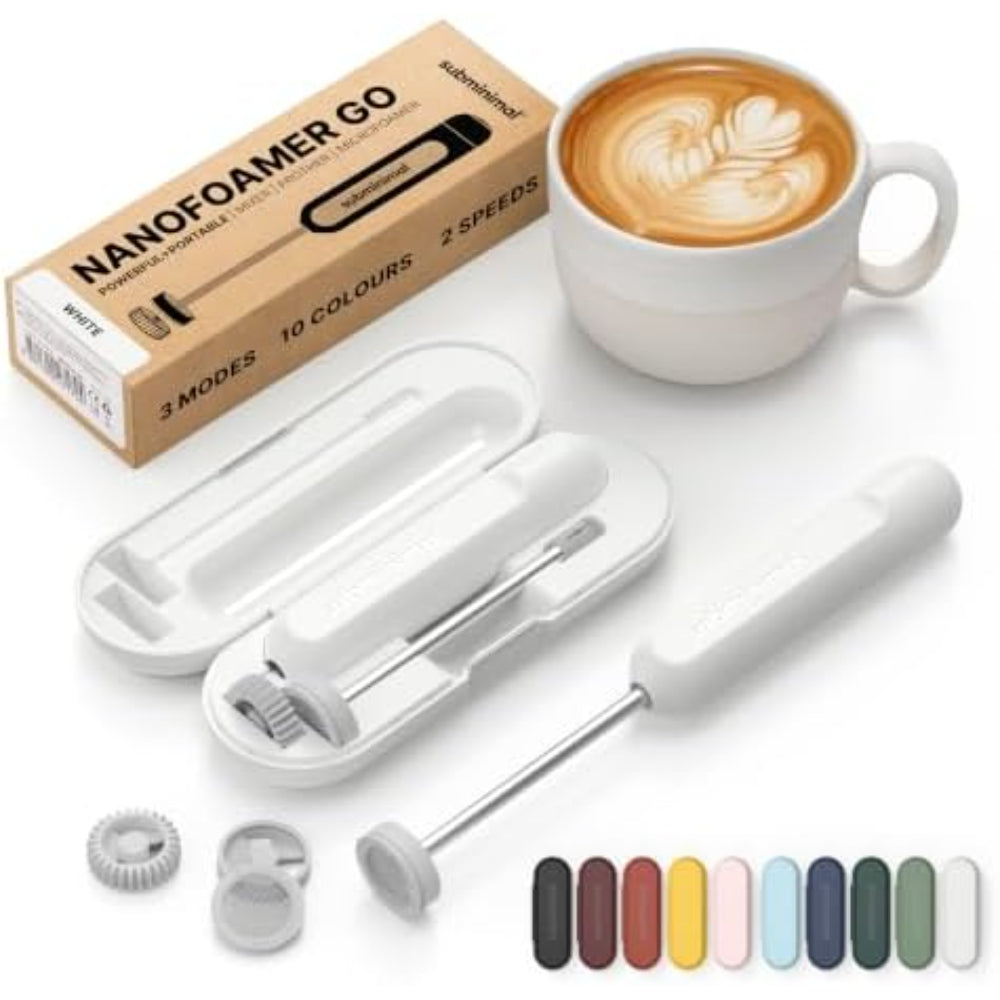 Subminimal NanoFoamer GO Portable Milk Frother, Handheld Microfoam Maker for Lattes, Cappuccinos and Flat Whites, Compact Travel Design with Carrying Case, 3 Interchangeable Impellers