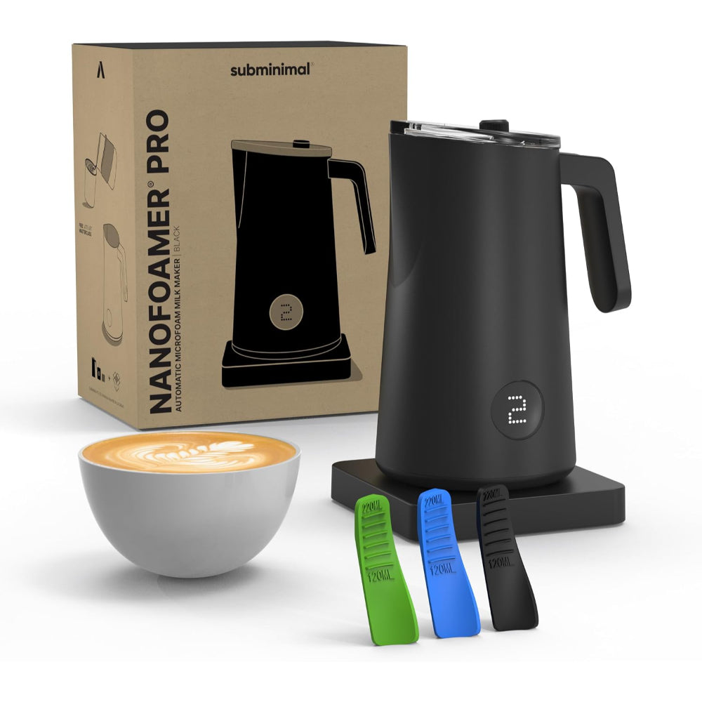 SUBMINIMAL NanoFoamer PRO Gen 2 Milk Frother, Hands-Free Electric Milk Foamer, Automatic Microfoam Maker for Lattes, Cappuccinos & Flat Whites, Barista-Style Coffee Frother, Black