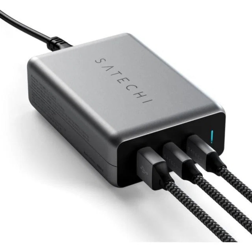 شاحن منزلي صغير الحجم من ساتيتشي بتقنية GaN ومنفذ USB-C PD (100 واط) مزود بمنفذي USB-C ومنفذ USB 3.0 - رمادي فلكي