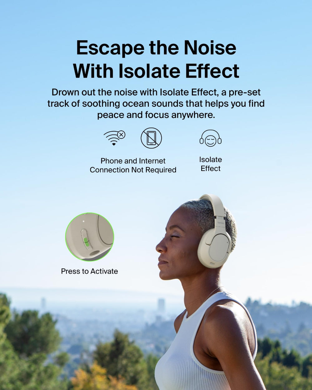 Belkin SoundForm Isolate| High Quality ANC Noise Cancelling Over-Ear Headphones, Bluetooth 5.4, 60Hrs Battery Life, USB-C Fast Charging, Multi-Point, Comfortable, Adjustable, Foldable - Sand