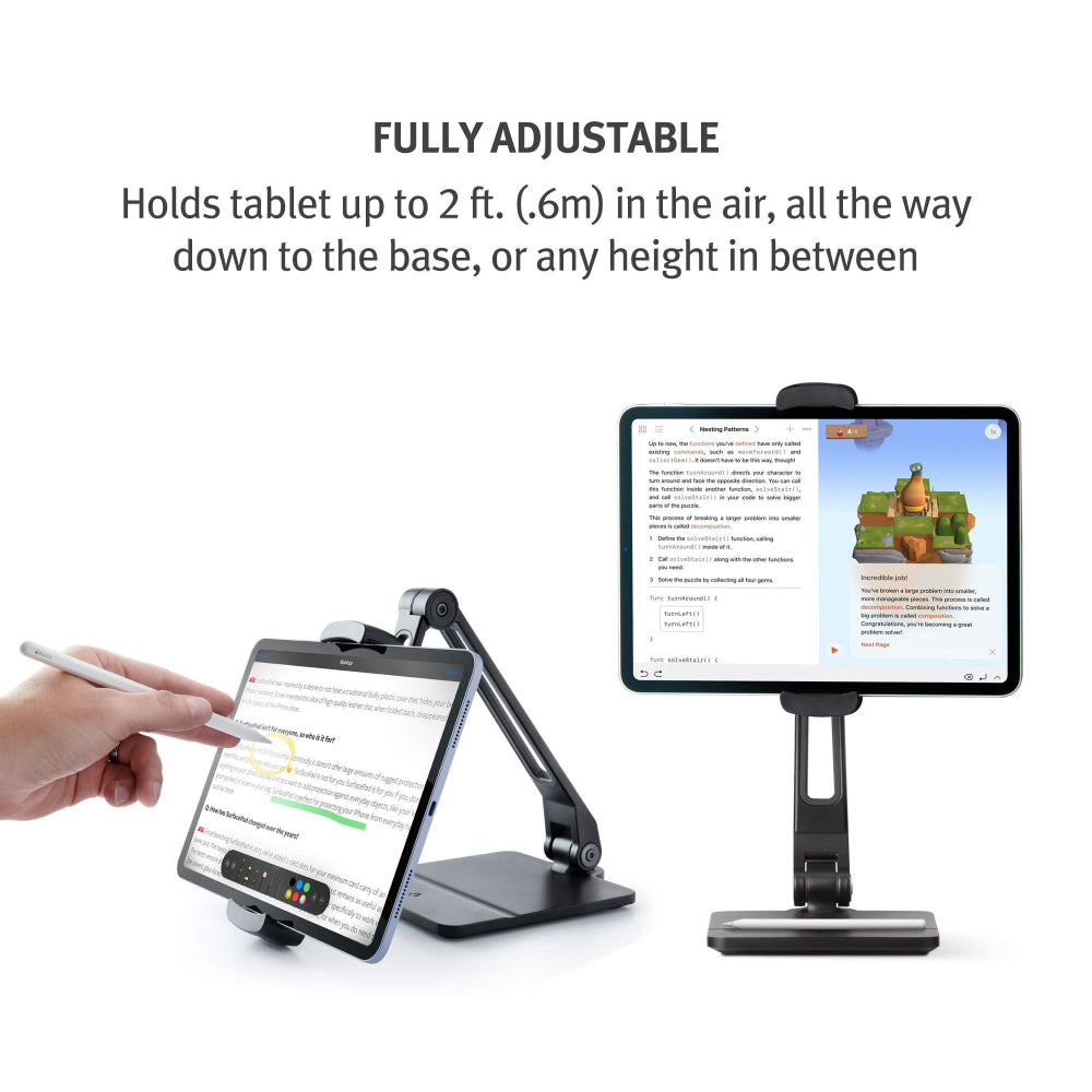 حامل TWELVE SOUTH HoverBar Duo لأجهزة iPad/iPad Pro/الأجهزة اللوحية - حامل ذراع قابل للتعديل، وقاعدة، ومشبك تثبيت على السطح - أسود