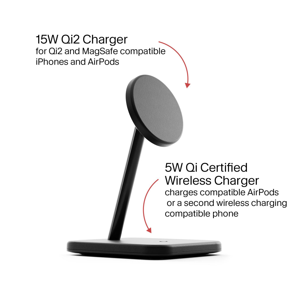TWELVE SOUTH HiRise 2 Deluxe 2-IN-1 Wireless Charger Stand Qi2 Compact Desk Charger - Black