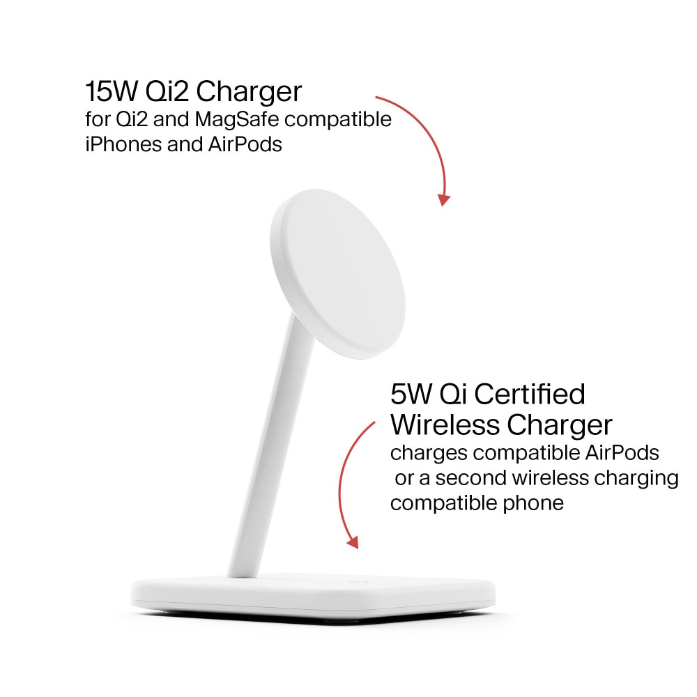 TWELVE SOUTH HiRise 2 Deluxe 2-IN-1 Wireless Charger Stand Qi2 Compact Desk Charger - White