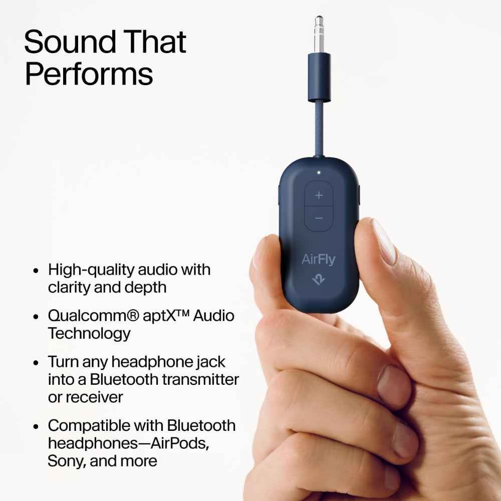 Twelve South AirFly Pro 2 Bluetooth 5.0 Transmitter/Receiver for TV/Airplane to 2 Wireless Headphones – Wireless Adapter for AirPods, Airplane, Car, Gym, Home, Use with Any 3.5 mm Audio Jack, Blue