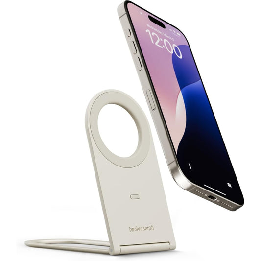 Twelve South iPhone Stand Holder for Desk Curve Nano, Qi2 Magnetic Phone Stand, Lightweight, Adjustable, Durable, Foldable, for Apple iPhone 17/16/15/14/13/12 MagSafe Device and Cases - Dune