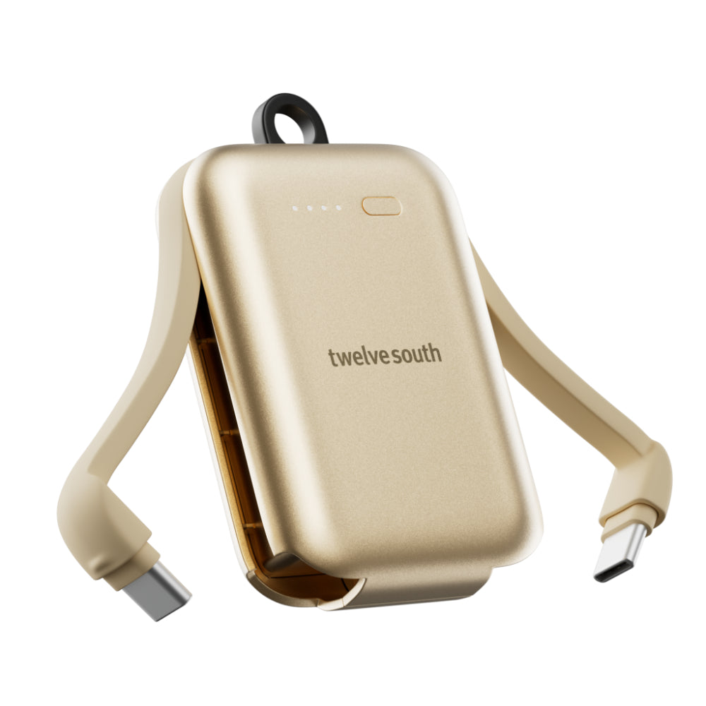 Twelve South PowerClip Mini Portable Power Bank 2000mAh with Built-in USB-C Cable, Dual USB-C Charging, LED Battery Indicator, Pass-Through Charging and Zinc-Alloy Carabiner for iPhone, Android and AirPods, Gold
