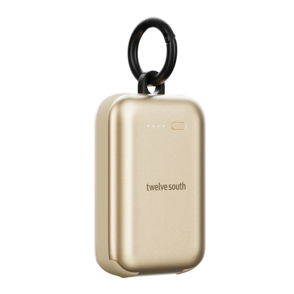 Twelve South PowerClip Mini Portable Power Bank 2000mAh with Built-in USB-C Cable, Dual USB-C Charging, LED Battery Indicator, Pass-Through Charging and Zinc-Alloy Carabiner for iPhone, Android and AirPods, Gold