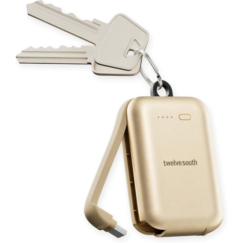 Twelve South PowerClip Mini Portable Power Bank 2000mAh with Built-in USB-C Cable, Dual USB-C Charging, LED Battery Indicator, Pass-Through Charging and Zinc-Alloy Carabiner for iPhone, Android and AirPods, Gold
