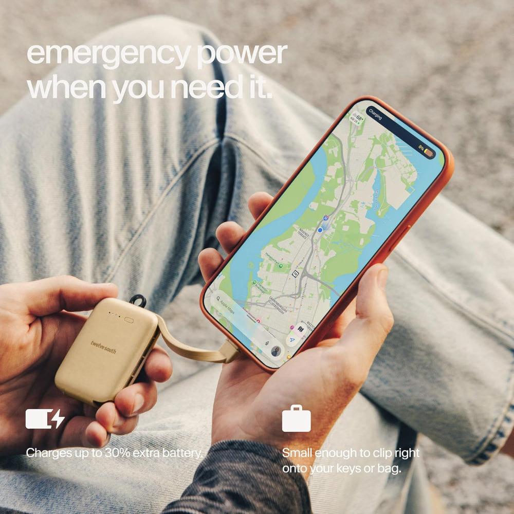 Twelve South PowerClip Mini Portable Power Bank 2000mAh with Built-in USB-C Cable, Dual USB-C Charging, LED Battery Indicator, Pass-Through Charging and Zinc-Alloy Carabiner for iPhone, Android and AirPods, Gold