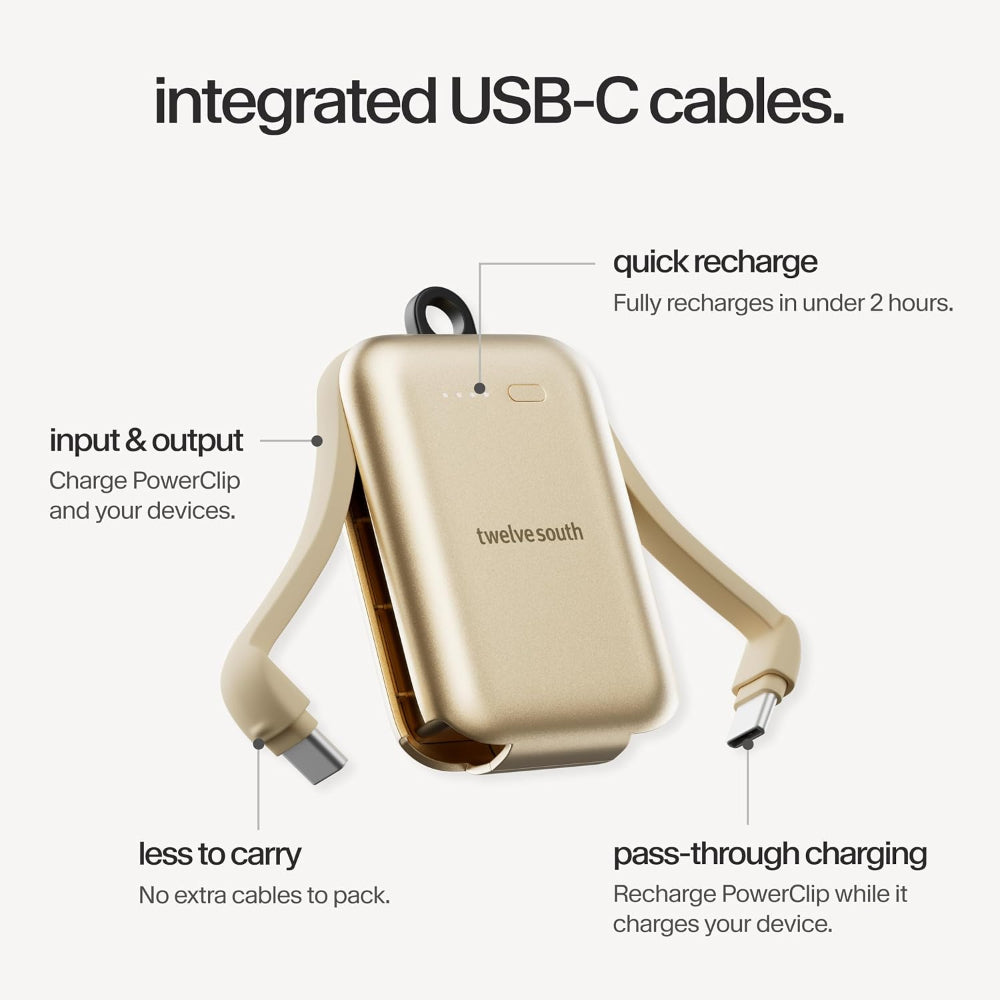 Twelve South PowerClip Mini Portable Power Bank 2000mAh with Built-in USB-C Cable, Dual USB-C Charging, LED Battery Indicator, Pass-Through Charging and Zinc-Alloy Carabiner for iPhone, Android and AirPods, Gold