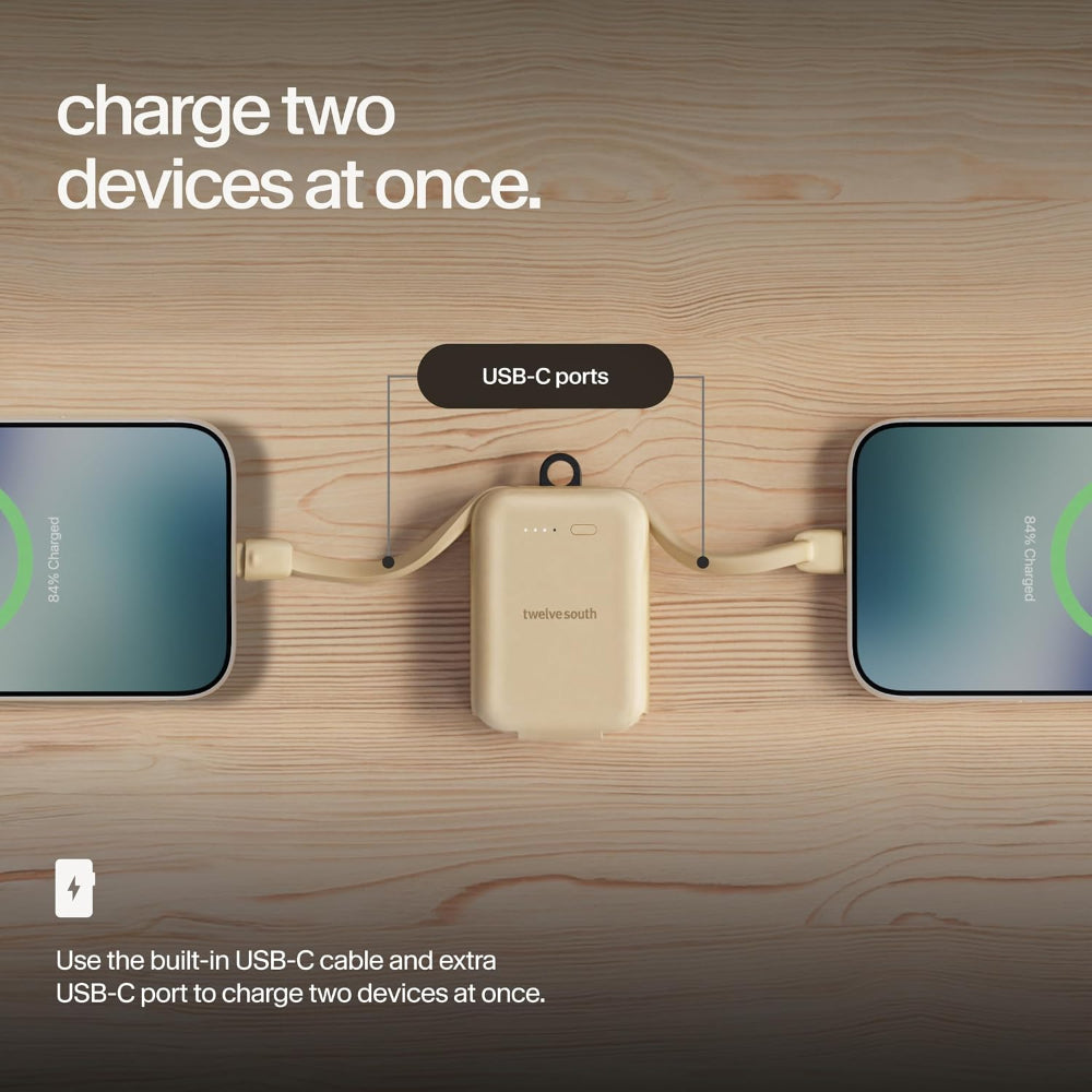Twelve South PowerClip Mini Portable Power Bank 2000mAh with Built-in USB-C Cable, Dual USB-C Charging, LED Battery Indicator, Pass-Through Charging and Zinc-Alloy Carabiner for iPhone, Android and AirPods, Gold