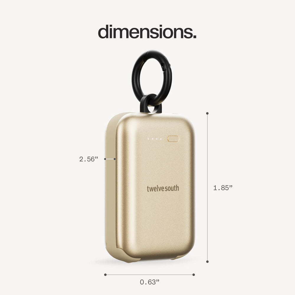 Twelve South PowerClip Mini Portable Power Bank 2000mAh with Built-in USB-C Cable, Dual USB-C Charging, LED Battery Indicator, Pass-Through Charging and Zinc-Alloy Carabiner for iPhone, Android and AirPods, Gold