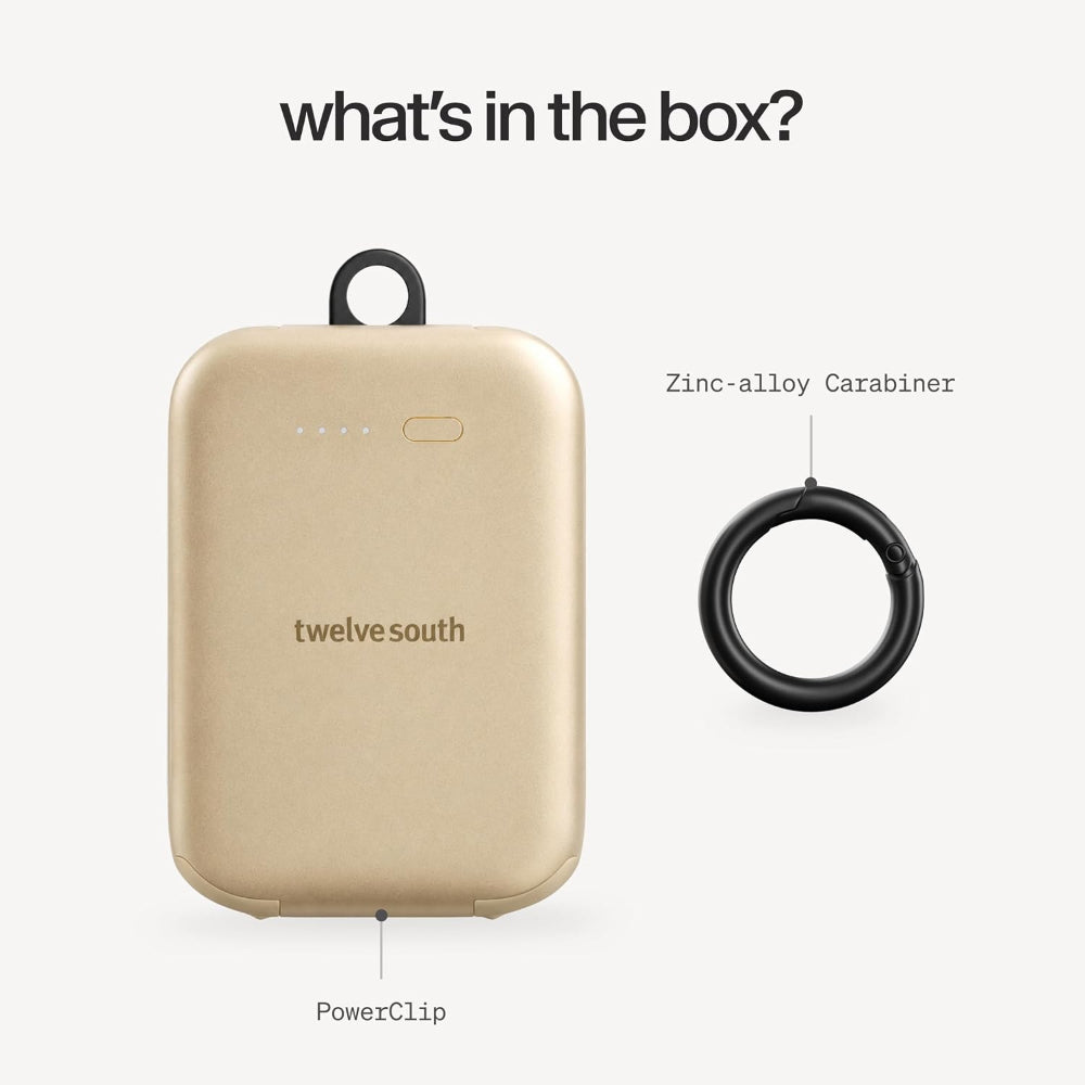 Twelve South PowerClip Mini Portable Power Bank 2000mAh with Built-in USB-C Cable, Dual USB-C Charging, LED Battery Indicator, Pass-Through Charging and Zinc-Alloy Carabiner for iPhone, Android and AirPods, Gold