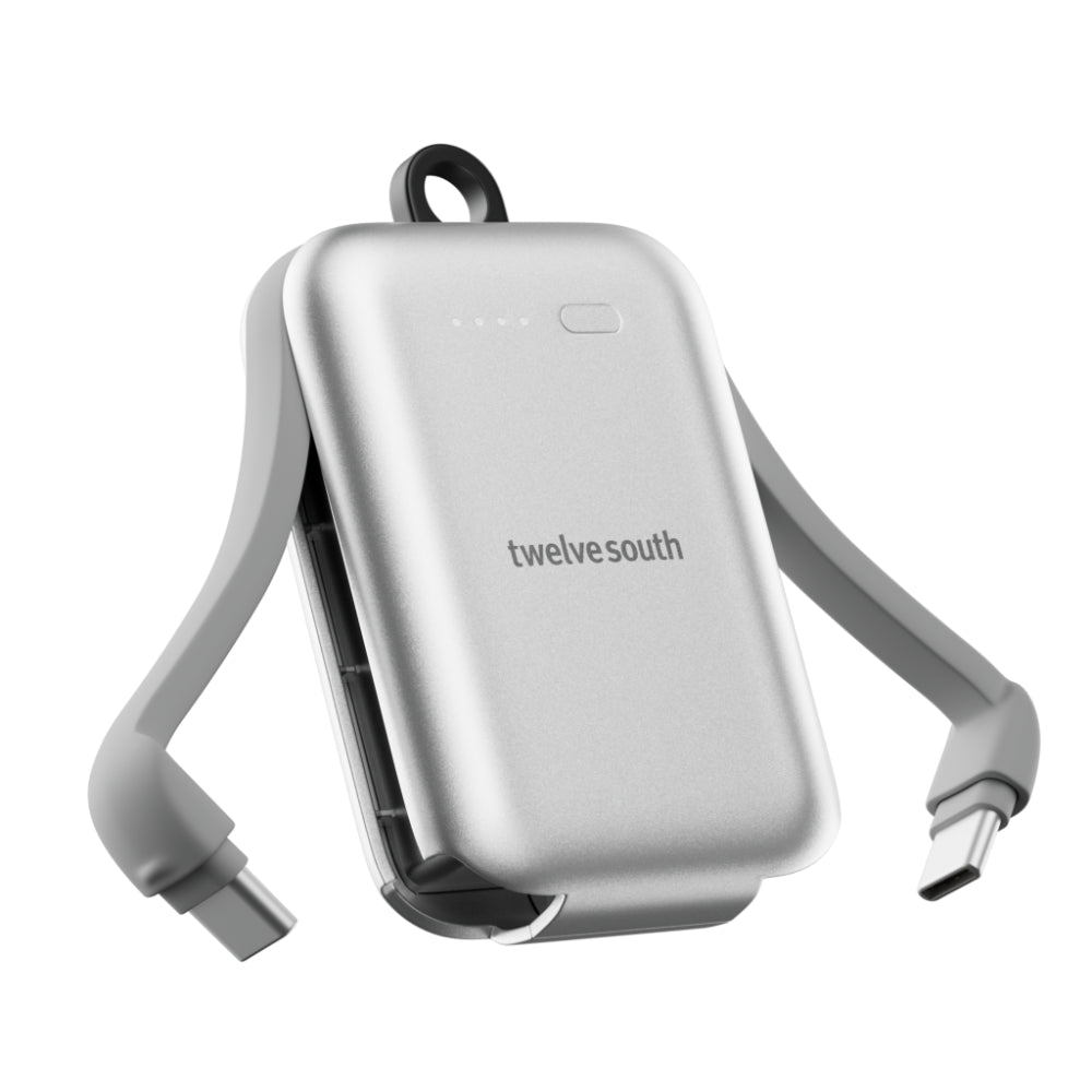 Twelve South PowerClip Mini Portable Power Bank 2000mAh with Built-in USB-C Cable, Dual USB-C Charging, LED Battery Indicator, Pass-Through Charging and Zinc-Alloy Carabiner for iPhone, Android and AirPods, Silver
