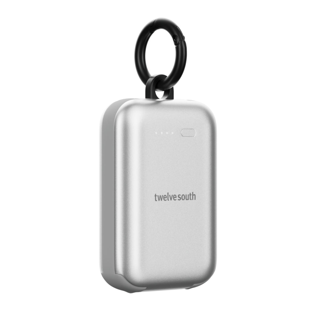 Twelve South PowerClip Mini Portable Power Bank 2000mAh with Built-in USB-C Cable, Dual USB-C Charging, LED Battery Indicator, Pass-Through Charging and Zinc-Alloy Carabiner for iPhone, Android and AirPods, Silver
