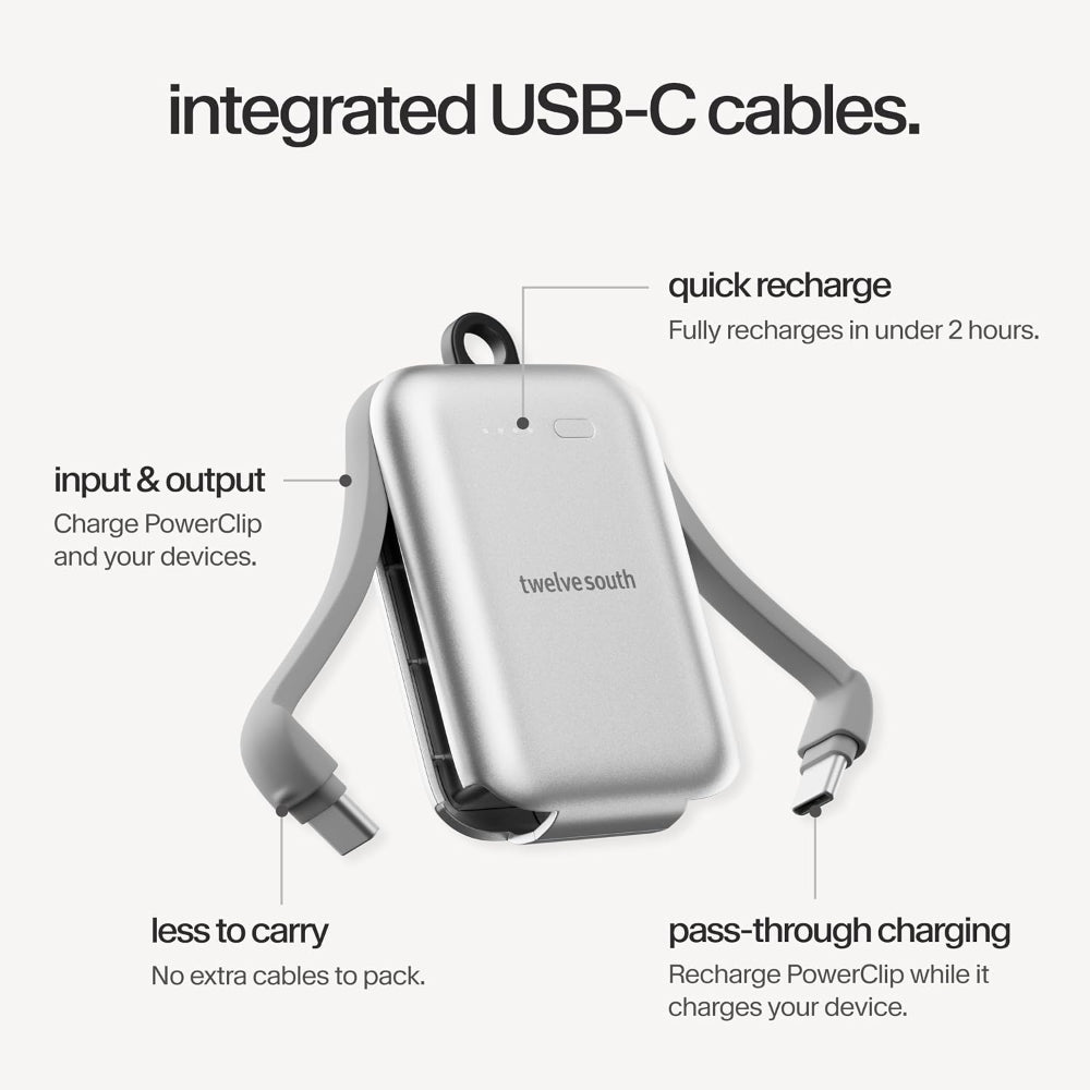 Twelve South PowerClip Mini Portable Power Bank 2000mAh with Built-in USB-C Cable, Dual USB-C Charging, LED Battery Indicator, Pass-Through Charging and Zinc-Alloy Carabiner for iPhone, Android and AirPods, Silver