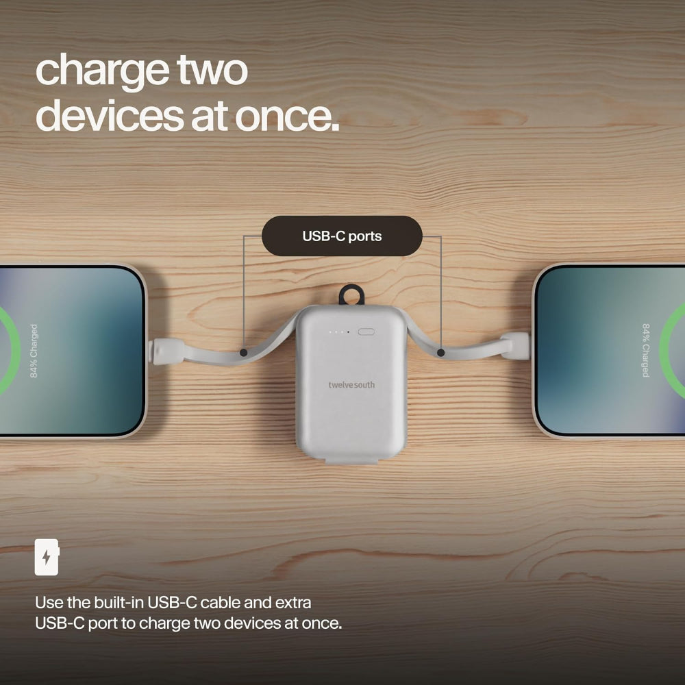 Twelve South PowerClip Mini Portable Power Bank 2000mAh with Built-in USB-C Cable, Dual USB-C Charging, LED Battery Indicator, Pass-Through Charging and Zinc-Alloy Carabiner for iPhone, Android and AirPods, Silver