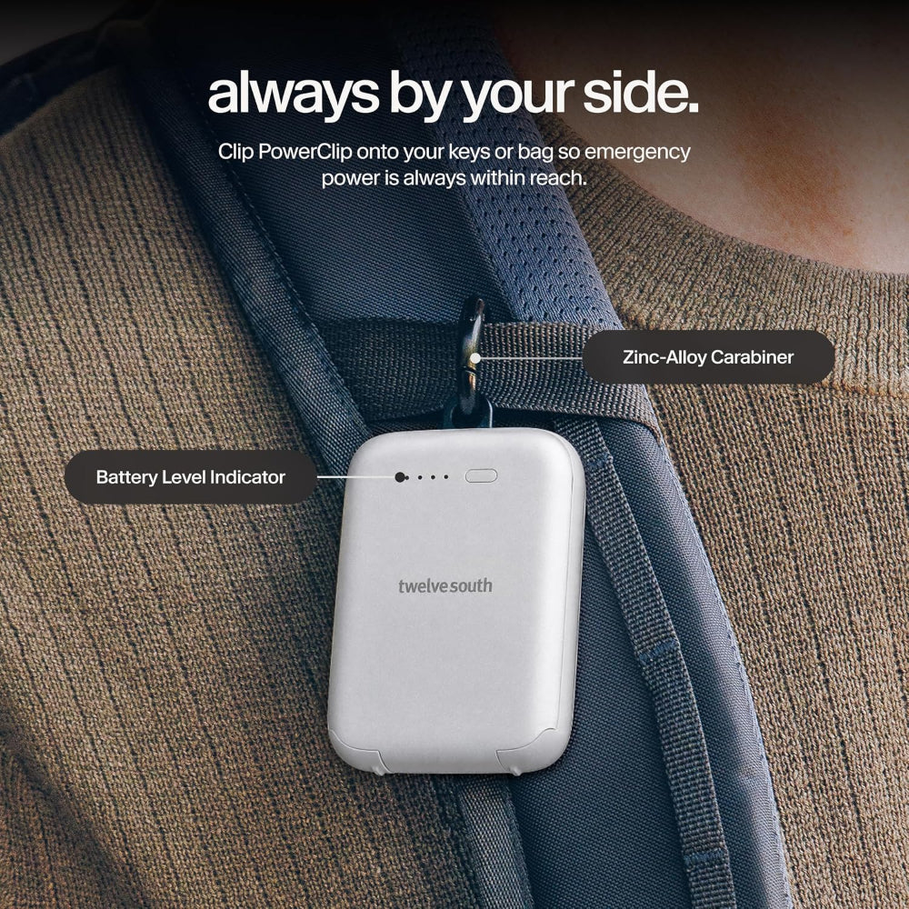 Twelve South PowerClip Mini Portable Power Bank 2000mAh with Built-in USB-C Cable, Dual USB-C Charging, LED Battery Indicator, Pass-Through Charging and Zinc-Alloy Carabiner for iPhone, Android and AirPods, Silver