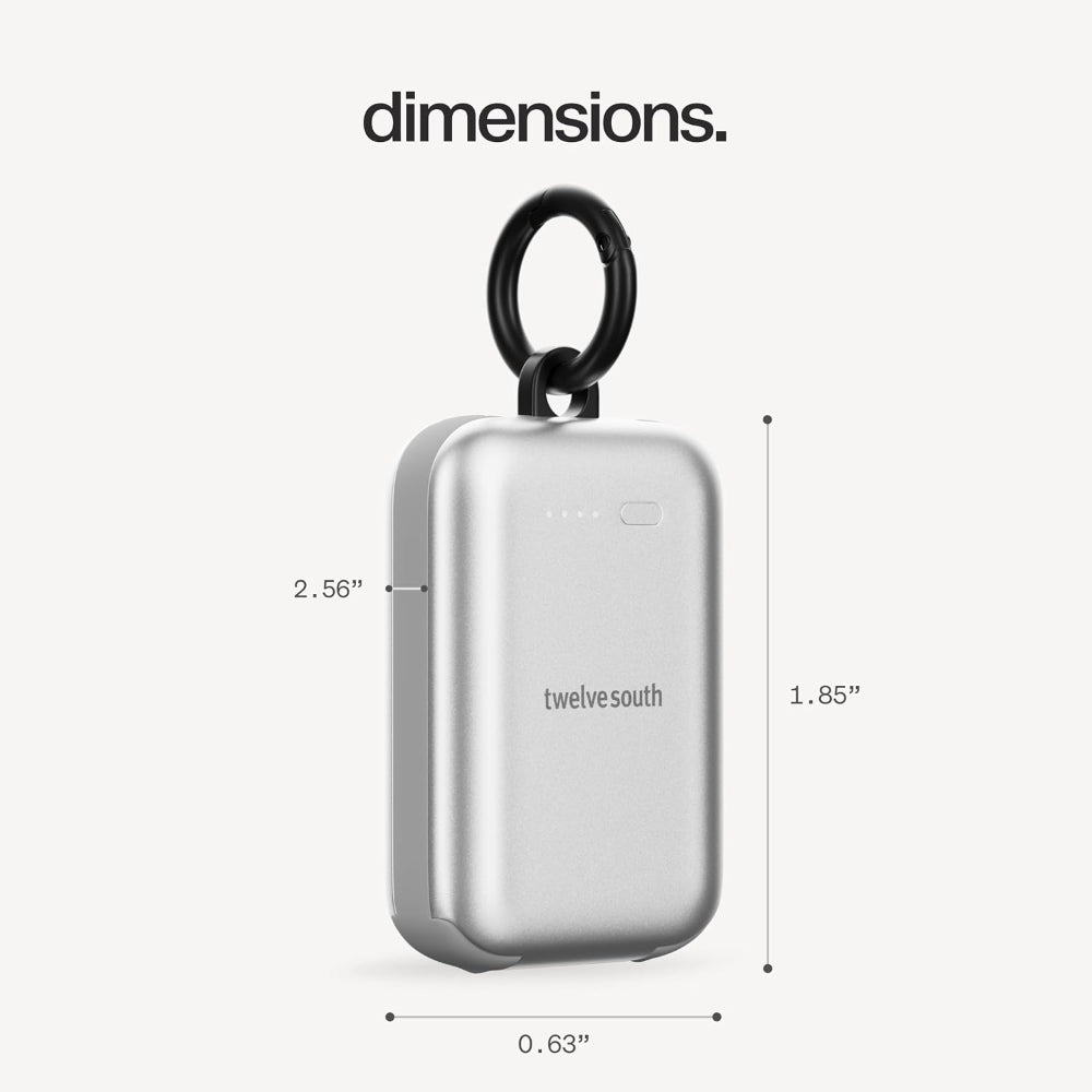 Twelve South PowerClip Mini Portable Power Bank 2000mAh with Built-in USB-C Cable, Dual USB-C Charging, LED Battery Indicator, Pass-Through Charging and Zinc-Alloy Carabiner for iPhone, Android and AirPods, Silver