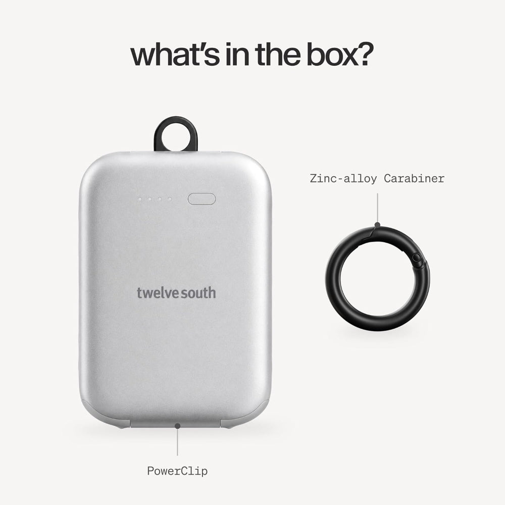 Twelve South PowerClip Mini Portable Power Bank 2000mAh with Built-in USB-C Cable, Dual USB-C Charging, LED Battery Indicator, Pass-Through Charging and Zinc-Alloy Carabiner for iPhone, Android and AirPods, Silver