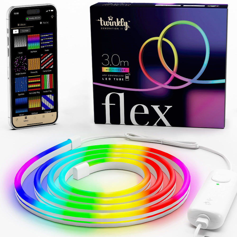 مجموعة TWINKLY FLEX للمبتدئين من 3M - أنبوب إضاءة مرن من الجيل الثاني مزود بـ 300 مصباح LED RGB يتم التحكم فيه عبر تطبيق - أبيض