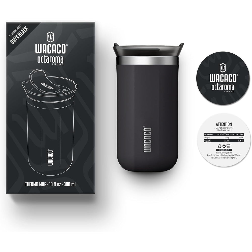 Wacaco OCTAROMA Vacuum Insulated Mug (300ml) - Double Wall Stainless Steel Vacuum Insulated Coffee Travel Mug with Leakproof Drinking Lid - Onyx Black