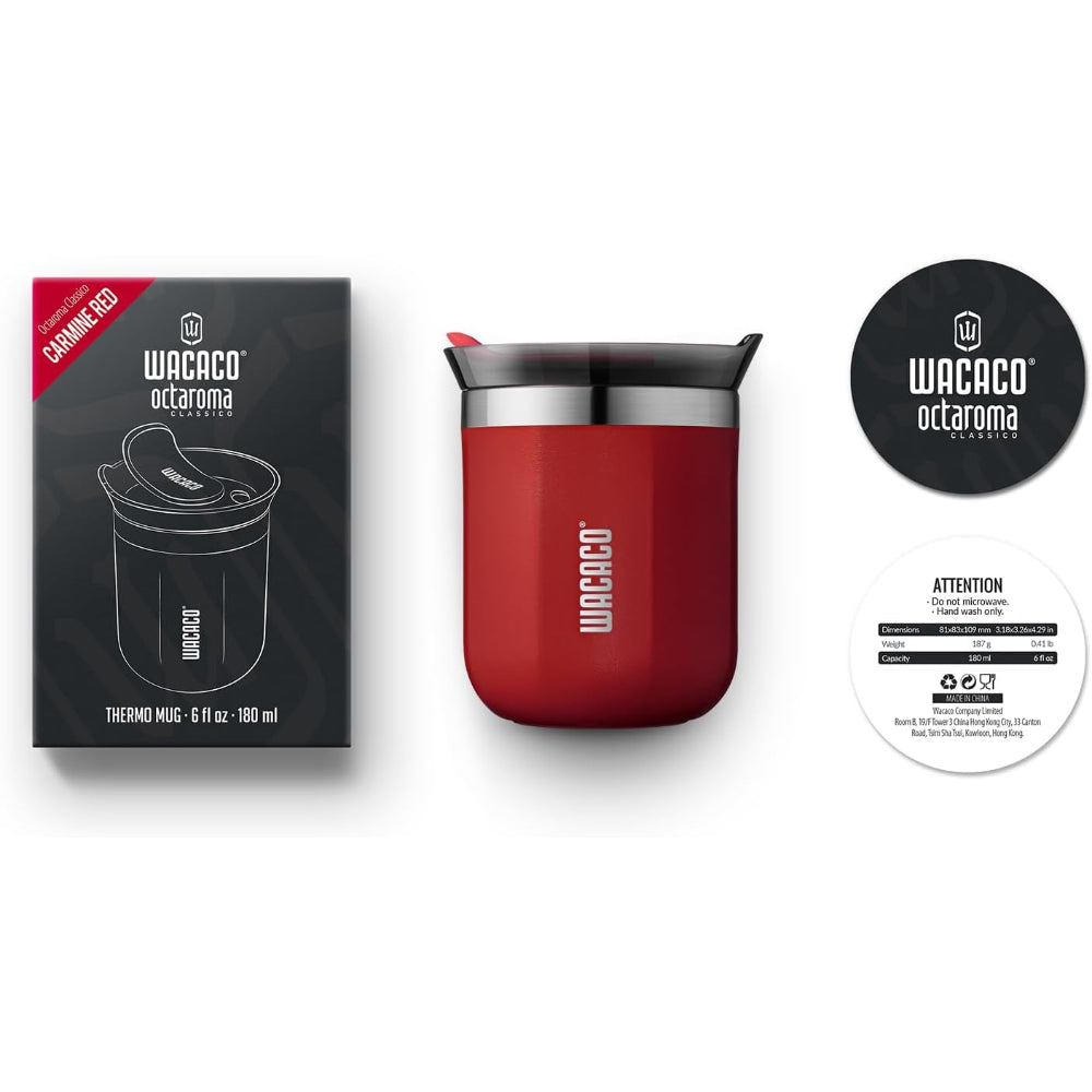 Wacaco Octaroma CLASSICO Vacuum Insulated Mug (180ml) - Double Wall Stainless Steel Coffee Travel Tumbler w/ Leakproof Drinking Lid, Reusable, Washable, BPA-Free, Hot & Cold - Red