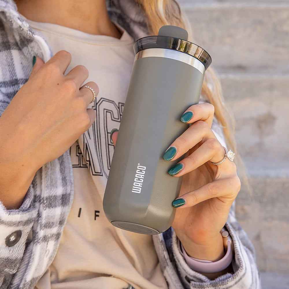 Wacaco Octaroma GRANDE Vacuum Insulated Mug (435ml) - Double Wall Stainless Steel Coffee Travel Tumbler w/ Leakproof Drinking Lid, Reusable, Washable, BPA-Free, Hot & Cold - Grey