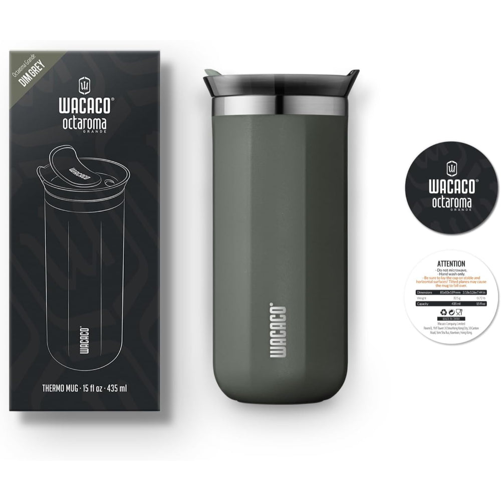 Wacaco Octaroma GRANDE Vacuum Insulated Mug (435ml) - Double Wall Stainless Steel Coffee Travel Tumbler w/ Leakproof Drinking Lid, Reusable, Washable, BPA-Free, Hot & Cold - Grey